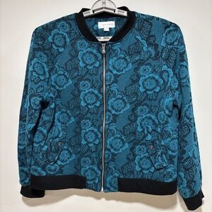 Erin London Womens Bomber Jacket L Teal Floral Boho Tapestry Textured EUC